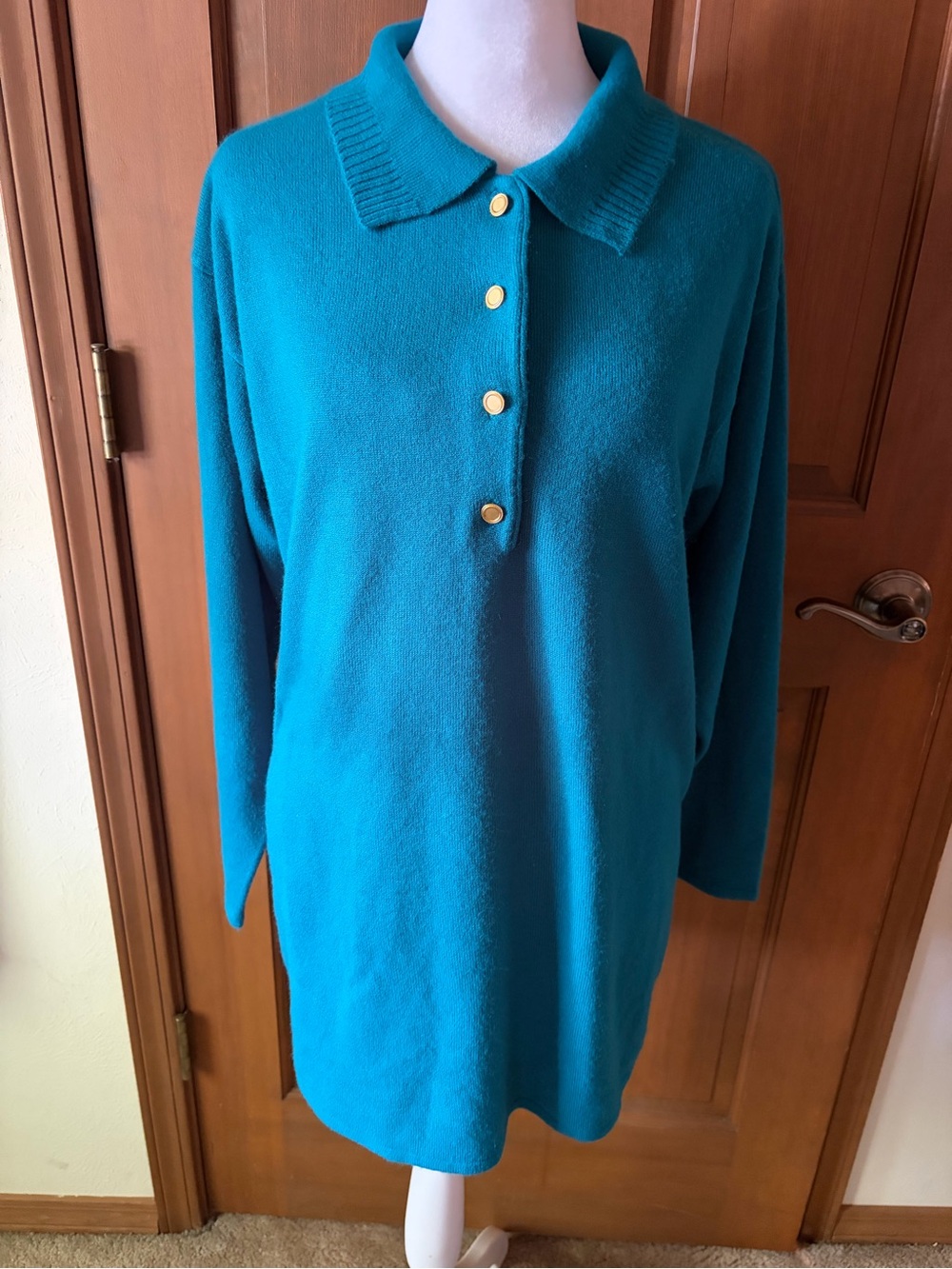 Teal Long Sleeve Polo Tunic with Gold Buttons-Acrylic